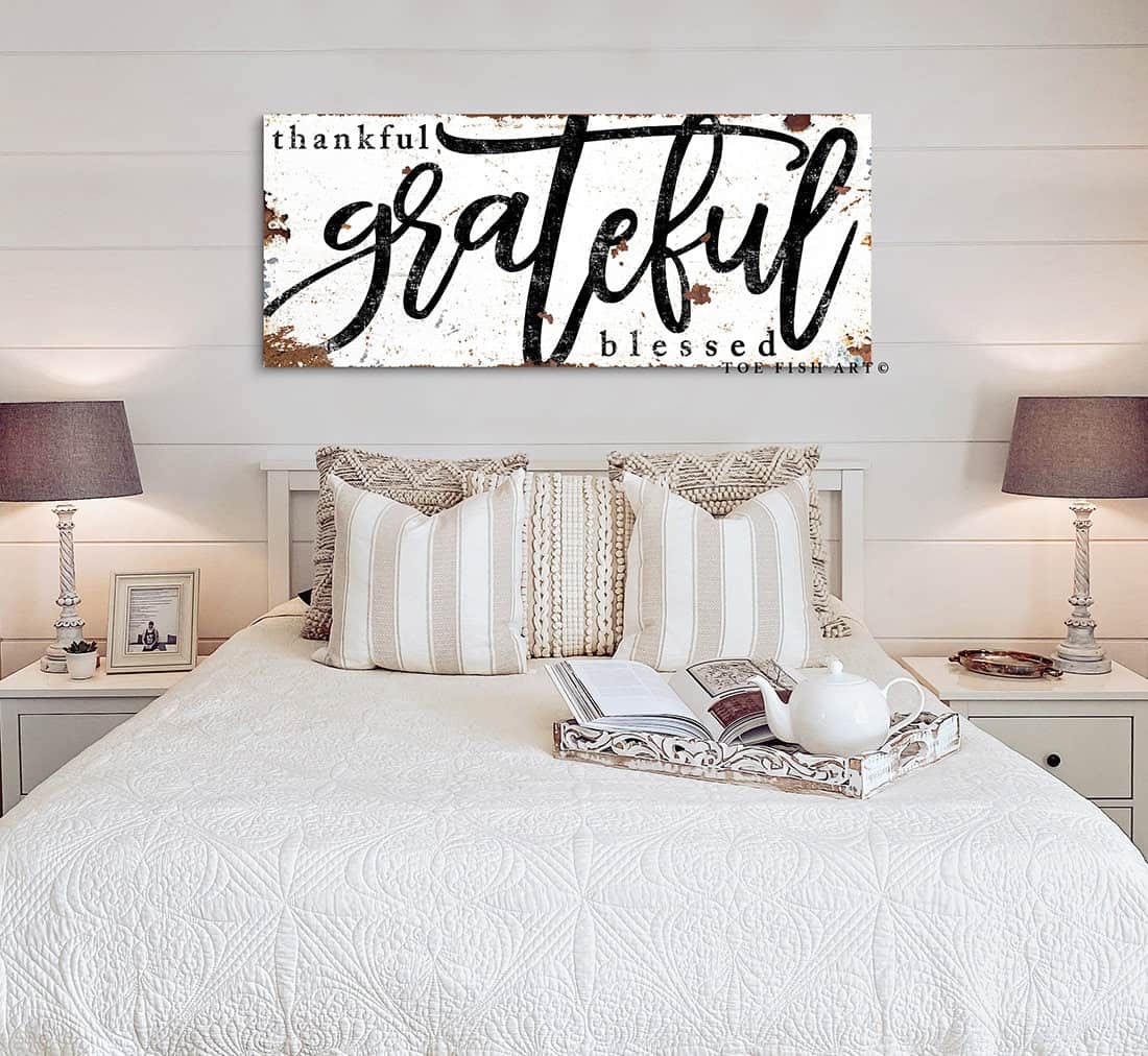 Thankful Grateful Blessed Sign handmade by ToeFishArt. Original, custom, personalized wall decor signs. Canvas, Wood or Metal. Rustic modern farmhouse, cottagecore, vintage, retro, industrial, Americana, primitive, country, coastal, minimalist.