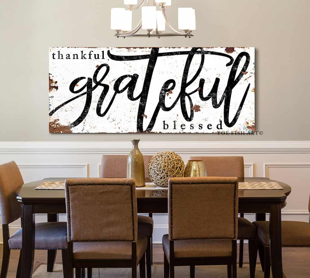 Thankful Grateful Blessed Sign handmade by ToeFishArt. Original, custom, personalized wall decor signs. Canvas, Wood or Metal. Rustic modern farmhouse, cottagecore, vintage, retro, industrial, Americana, primitive, country, coastal, minimalist.