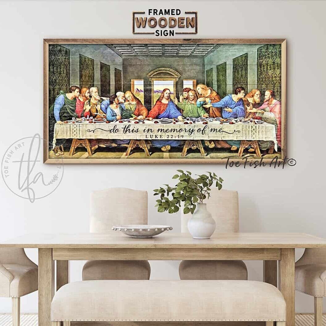 The Last Supper Wall Art, Modern Farmhouse Wall Décor, Luke 22:19 Christian Religious Artwork, Framed Hardwood Shiplap handmade by ToeFishArt. Original, custom, personalized wall decor signs. Canvas, Wood or Metal. Rustic modern farmhouse, cottagecore, vintage, retro, industrial, Americana, primitive, country, coastal, minimalist.