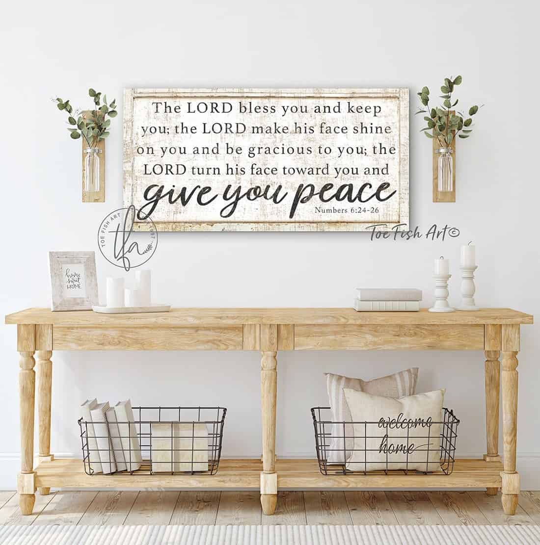 The Lord Bless You and Keep You Sign handmade by ToeFishArt. Original, custom, personalized wall decor signs. Canvas, Wood or Metal. Rustic modern farmhouse, cottagecore, vintage, retro, industrial, Americana, primitive, country, coastal, minimalist.