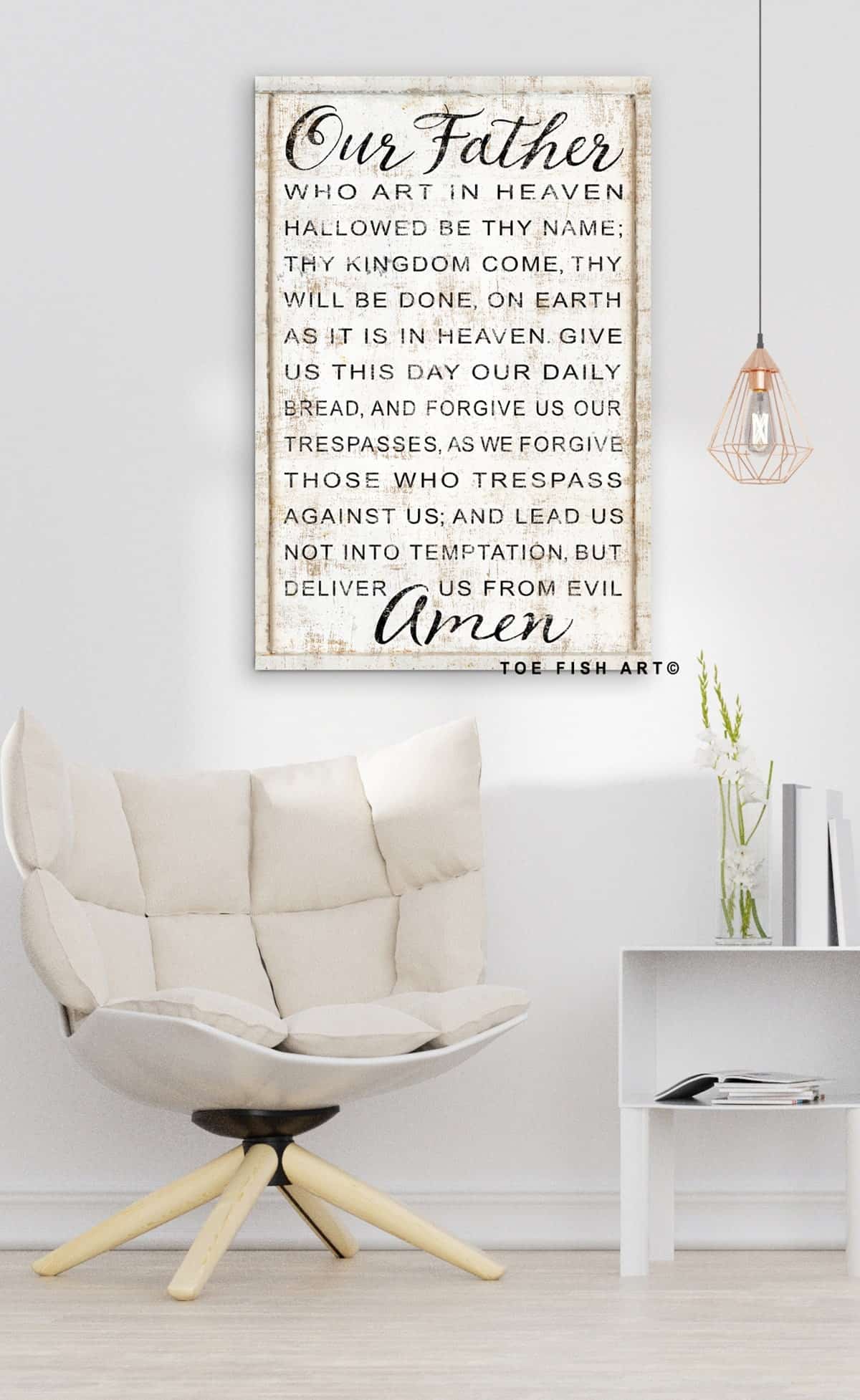 The Lords Prayer Sign handmade by ToeFishArt. Original, custom, personalized wall decor signs. Canvas, Wood or Metal. Rustic modern farmhouse, cottagecore, vintage, retro, industrial, Americana, primitive, country, coastal, minimalist.