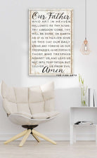 The Lords Prayer Sign handmade by ToeFishArt. Original, custom, personalized wall decor signs. Canvas, Wood or Metal. Rustic modern farmhouse, cottagecore, vintage, retro, industrial, Americana, primitive, country, coastal, minimalist.