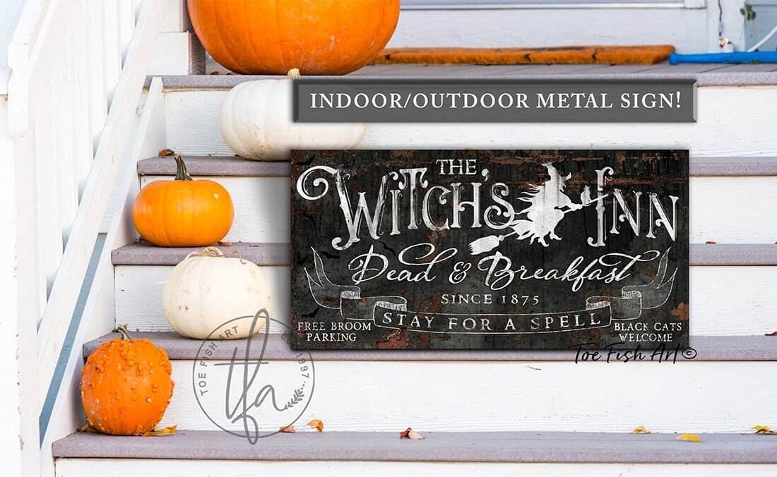 The Witch's Inn Dead & Breakfast Sign handmade by ToeFishArt. Original, custom, personalized wall decor signs. Canvas, Wood or Metal. Rustic modern farmhouse, cottagecore, vintage, retro, industrial, Americana, primitive, country, coastal, minimalist.
