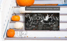 The Witch's Inn Dead & Breakfast Sign handmade by ToeFishArt. Original, custom, personalized wall decor signs. Canvas, Wood or Metal. Rustic modern farmhouse, cottagecore, vintage, retro, industrial, Americana, primitive, country, coastal, minimalist.
