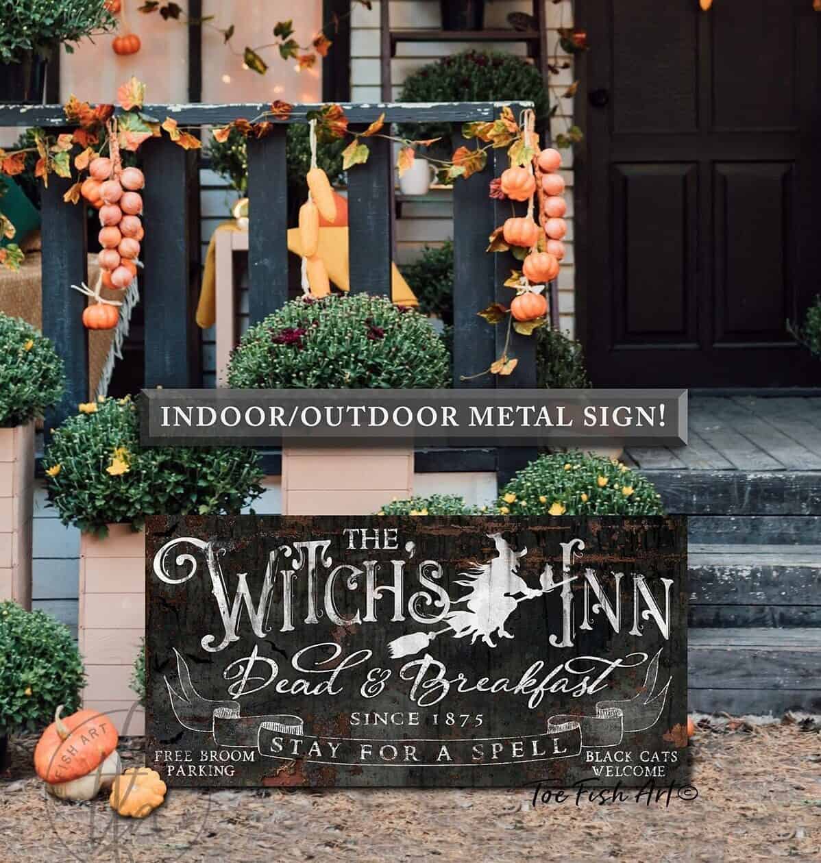 The Witch's Inn Dead & Breakfast Sign handmade by ToeFishArt. Original, custom, personalized wall decor signs. Canvas, Wood or Metal. Rustic modern farmhouse, cottagecore, vintage, retro, industrial, Americana, primitive, country, coastal, minimalist.