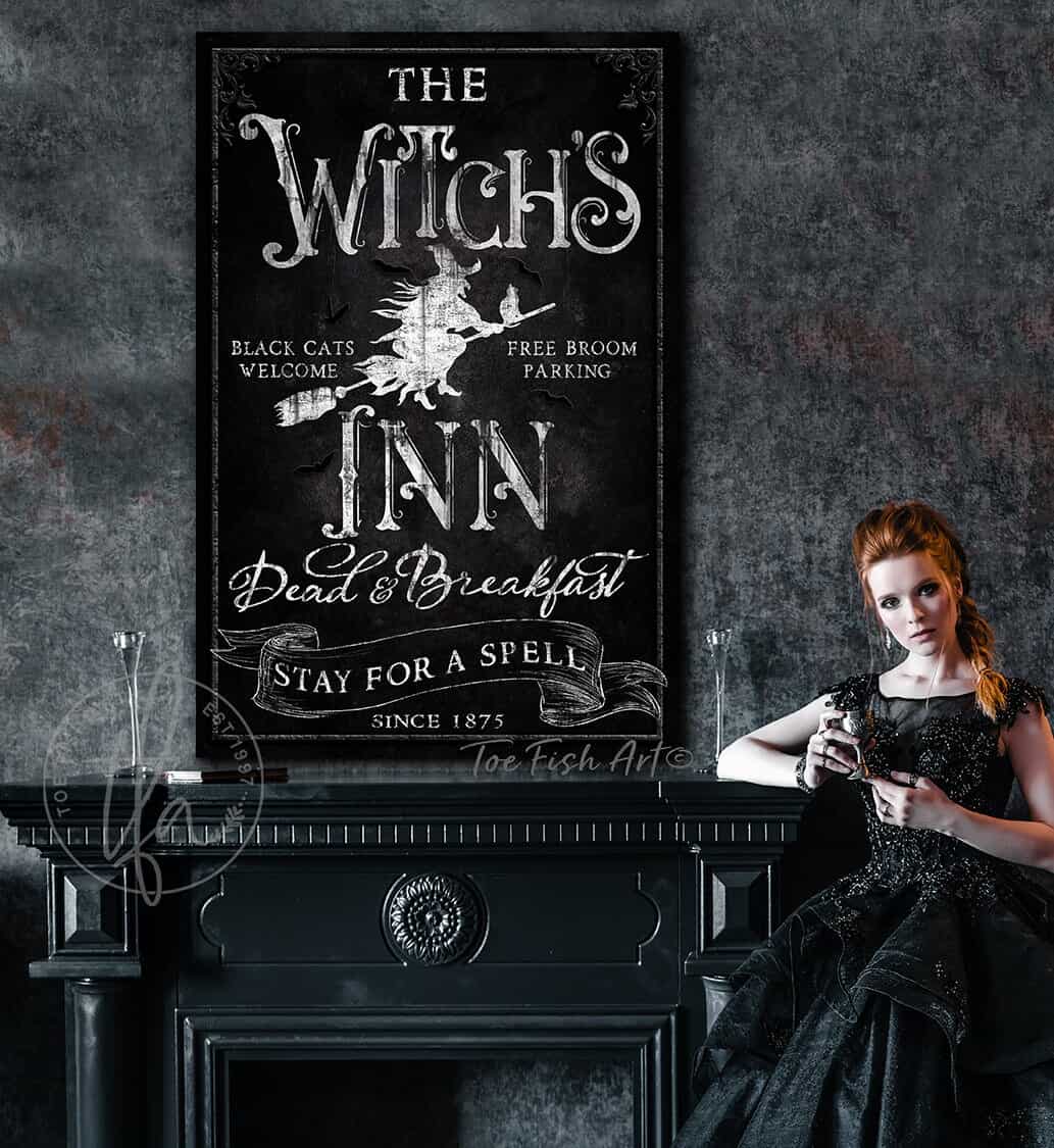 The Witch's Inn Dead & Breakfast Sign handmade by ToeFishArt. Original, custom, personalized wall decor signs. Canvas, Wood or Metal. Rustic modern farmhouse, cottagecore, vintage, retro, industrial, Americana, primitive, country, coastal, minimalist.