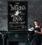 The Witch's Inn Dead & Breakfast Sign handmade by ToeFishArt. Original, custom, personalized wall decor signs. Canvas, Wood or Metal. Rustic modern farmhouse, cottagecore, vintage, retro, industrial, Americana, primitive, country, coastal, minimalist.