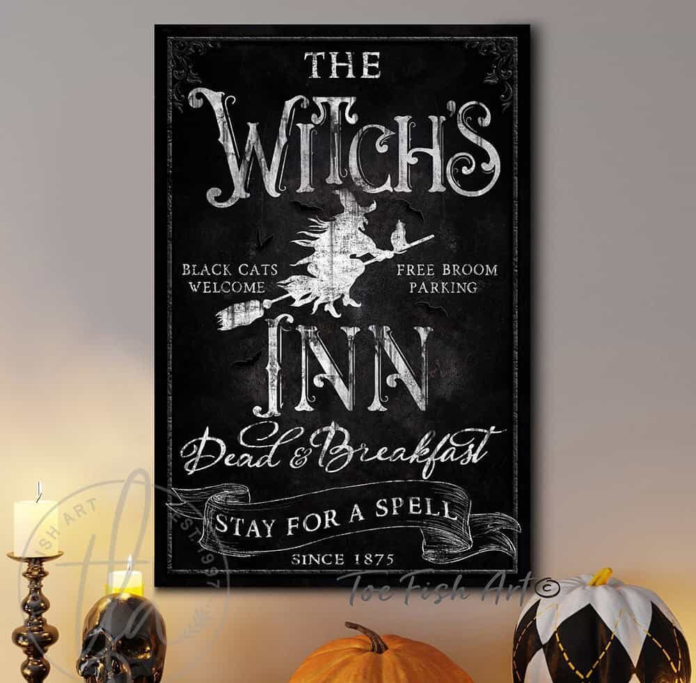 The Witch's Inn Dead & Breakfast Sign handmade by ToeFishArt. Original, custom, personalized wall decor signs. Canvas, Wood or Metal. Rustic modern farmhouse, cottagecore, vintage, retro, industrial, Americana, primitive, country, coastal, minimalist.