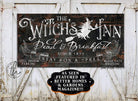 The Witch's Inn Dead & Breakfast Sign handmade by ToeFishArt. Original, custom, personalized wall decor signs. Canvas, Wood or Metal. Rustic modern farmhouse, cottagecore, vintage, retro, industrial, Americana, primitive, country, coastal, minimalist.