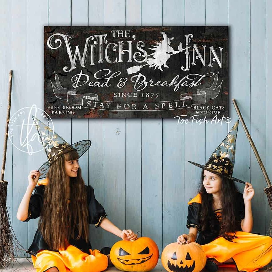 The Witch's Inn Dead & Breakfast Sign handmade by ToeFishArt. Original, custom, personalized wall decor signs. Canvas, Wood or Metal. Rustic modern farmhouse, cottagecore, vintage, retro, industrial, Americana, primitive, country, coastal, minimalist.
