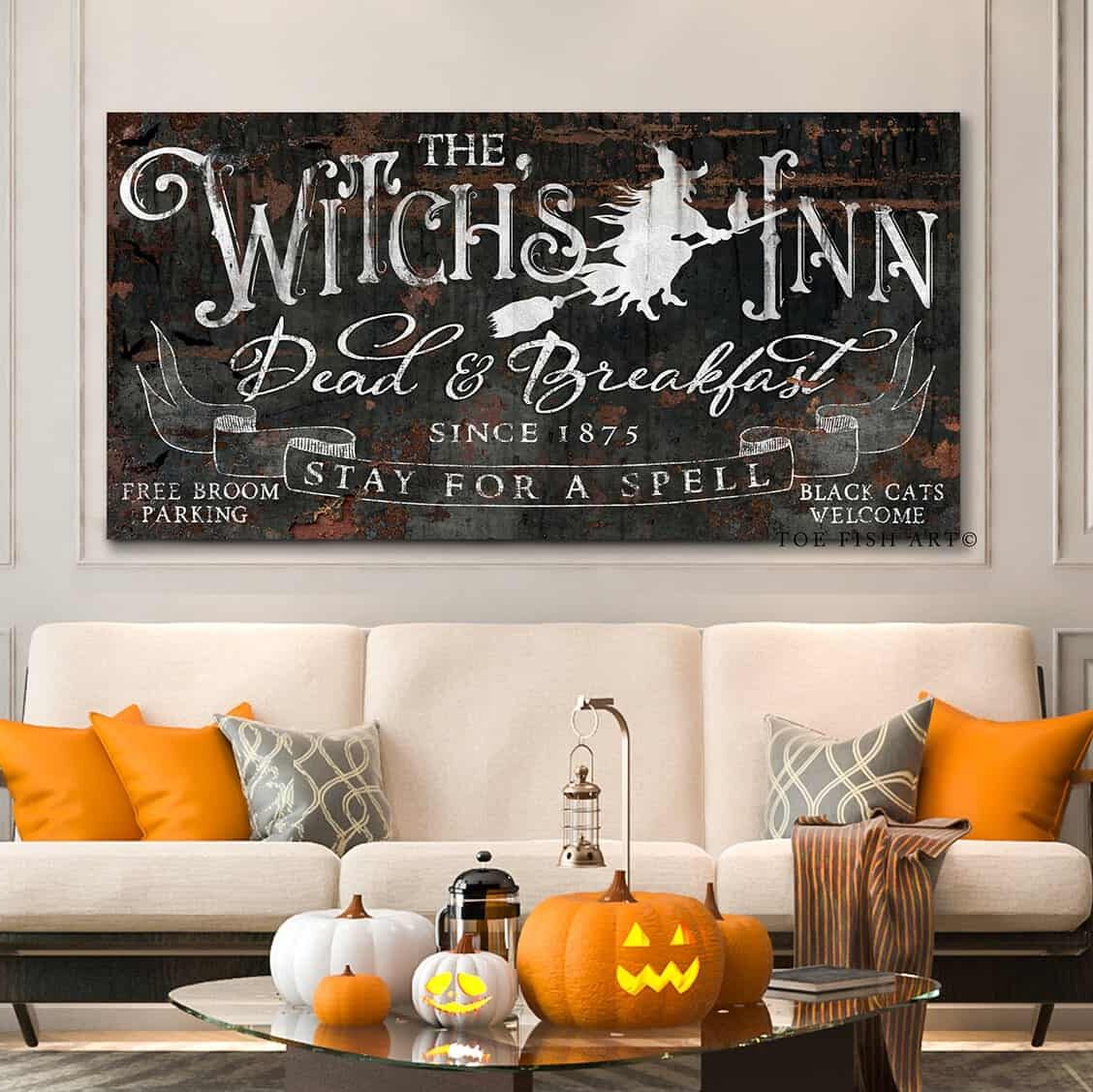 The Witch's Inn Dead & Breakfast Sign handmade by ToeFishArt. Original, custom, personalized wall decor signs. Canvas, Wood or Metal. Rustic modern farmhouse, cottagecore, vintage, retro, industrial, Americana, primitive, country, coastal, minimalist.