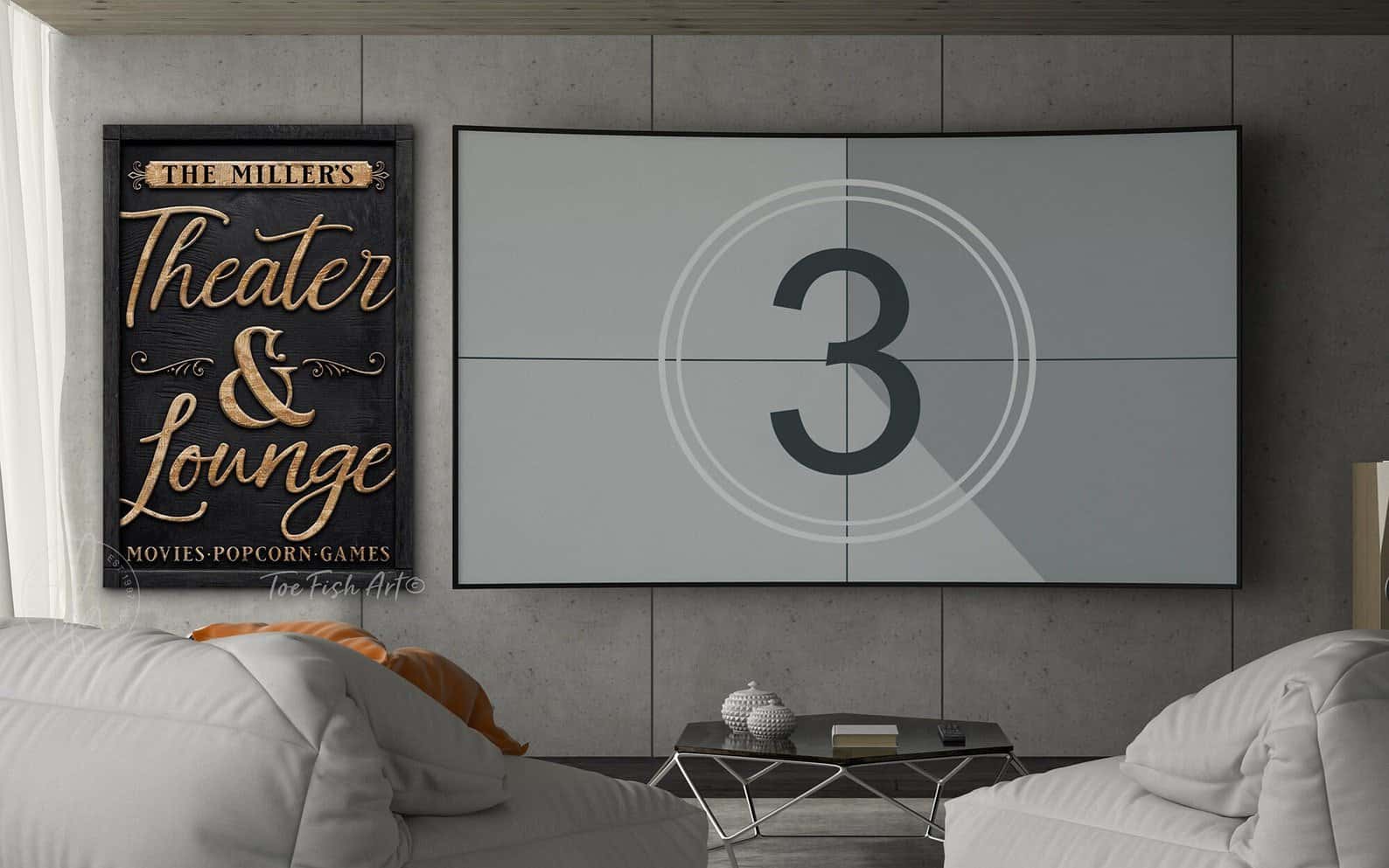 Theater & Lounge Canvas Sign, Personalized Family Name Wall Art, Modern Farmhouse Style handmade by ToeFishArt. Original, custom, personalized wall decor signs. Canvas, Wood or Metal. Rustic modern farmhouse, cottagecore, vintage, retro, industrial, Americana, primitive, country, coastal, minimalist.