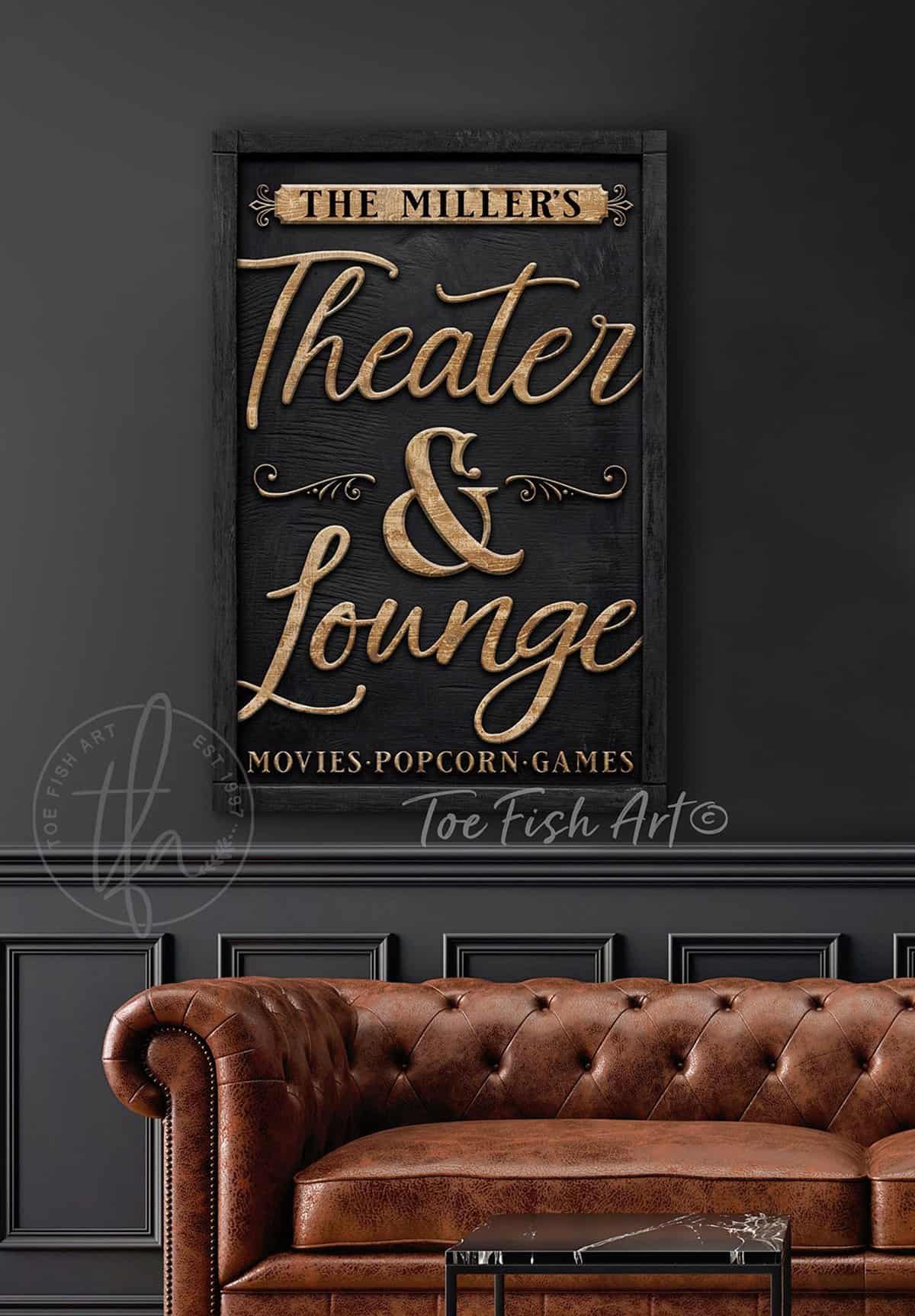 Theater & Lounge Canvas Sign, Personalized Family Name Wall Art, Modern Farmhouse Style handmade by ToeFishArt. Original, custom, personalized wall decor signs. Canvas, Wood or Metal. Rustic modern farmhouse, cottagecore, vintage, retro, industrial, Americana, primitive, country, coastal, minimalist.