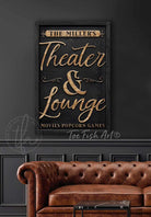 Theater & Lounge Canvas Sign, Personalized Family Name Wall Art, Modern Farmhouse Style handmade by ToeFishArt. Original, custom, personalized wall decor signs. Canvas, Wood or Metal. Rustic modern farmhouse, cottagecore, vintage, retro, industrial, Americana, primitive, country, coastal, minimalist.