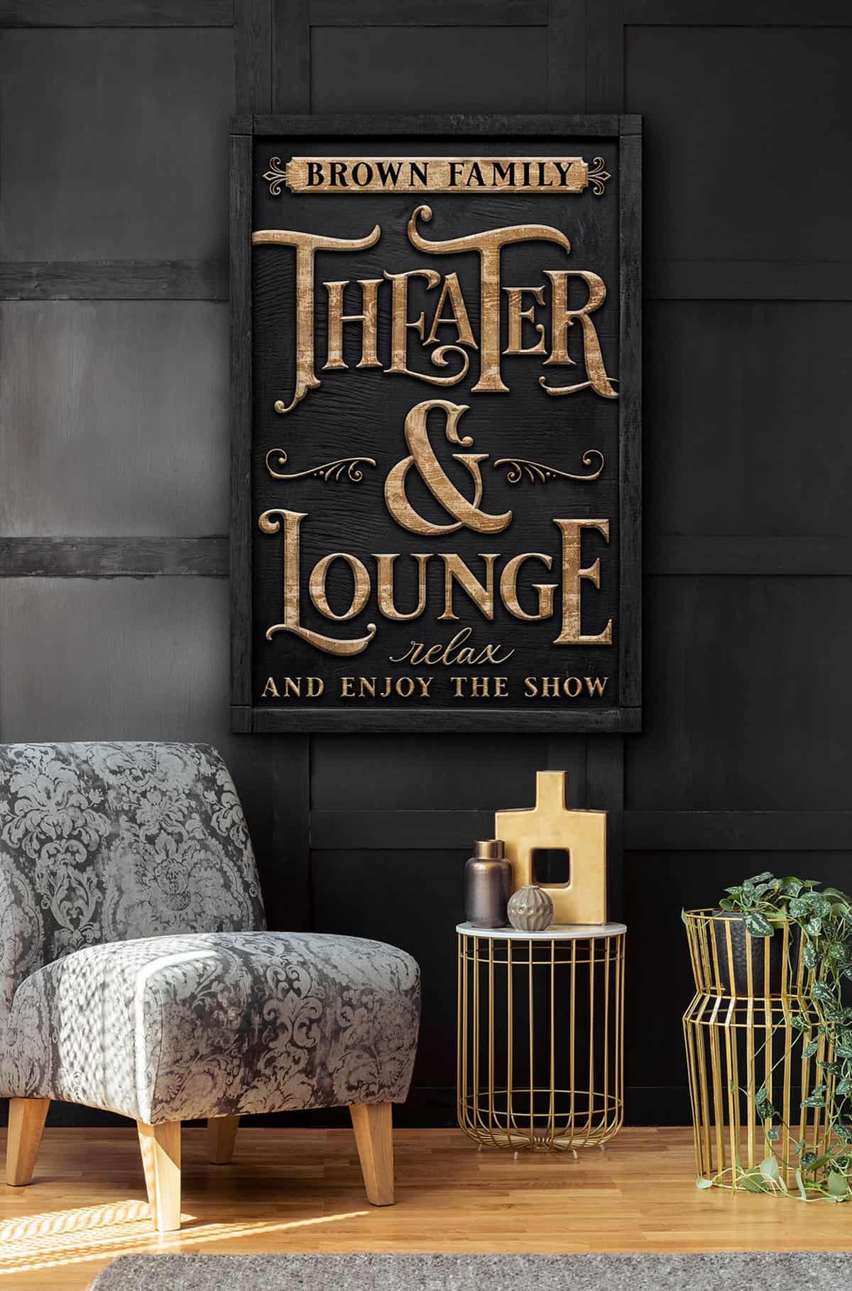 Theater & Lounge Canvas Sign, Personalized Family Name Wall Art with Wording Options, Modern Farmhouse Style handmade by ToeFishArt. Original, custom, personalized wall decor signs. Canvas, Wood or Metal. Rustic modern farmhouse, cottagecore, vintage, retro, industrial, Americana, primitive, country, coastal, minimalist.