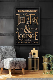 Theater & Lounge Canvas Sign, Personalized Family Name Wall Art with Wording Options, Modern Farmhouse Style handmade by ToeFishArt. Original, custom, personalized wall decor signs. Canvas, Wood or Metal. Rustic modern farmhouse, cottagecore, vintage, retro, industrial, Americana, primitive, country, coastal, minimalist.
