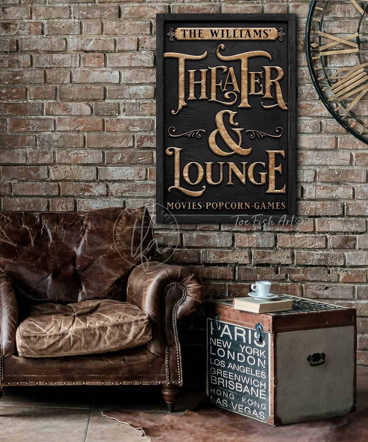 Theater & Lounge Canvas Sign, Personalized Family Name Wall Art with Wording Options, Modern Farmhouse Style handmade by ToeFishArt. Original, custom, personalized wall decor signs. Canvas, Wood or Metal. Rustic modern farmhouse, cottagecore, vintage, retro, industrial, Americana, primitive, country, coastal, minimalist.