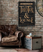 Theater & Lounge Canvas Sign, Personalized Family Name Wall Art with Wording Options, Modern Farmhouse Style handmade by ToeFishArt. Original, custom, personalized wall decor signs. Canvas, Wood or Metal. Rustic modern farmhouse, cottagecore, vintage, retro, industrial, Americana, primitive, country, coastal, minimalist.