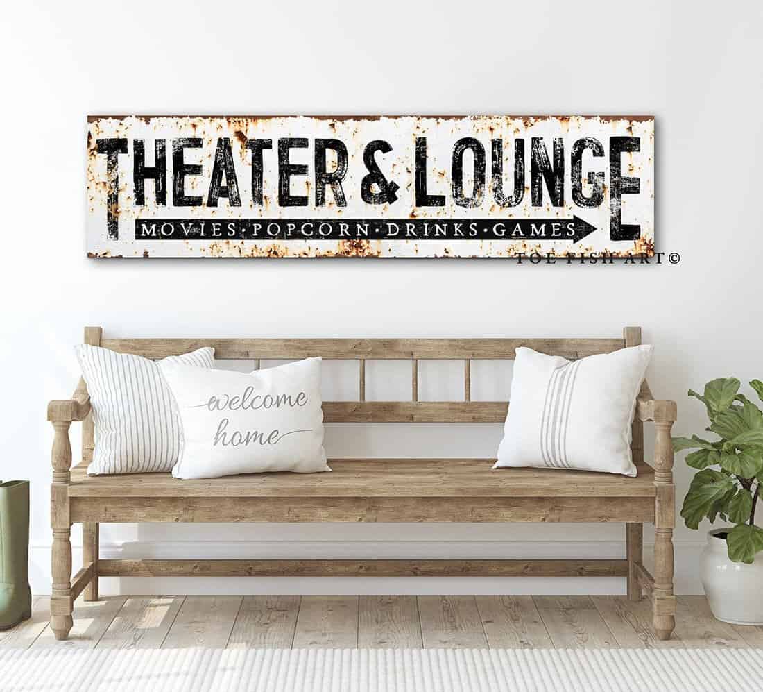 Theater & Lounge Sign handmade by ToeFishArt. Original, custom, personalized wall decor signs. Canvas, Wood or Metal. Rustic modern farmhouse, cottagecore, vintage, retro, industrial, Americana, primitive, country, coastal, minimalist.