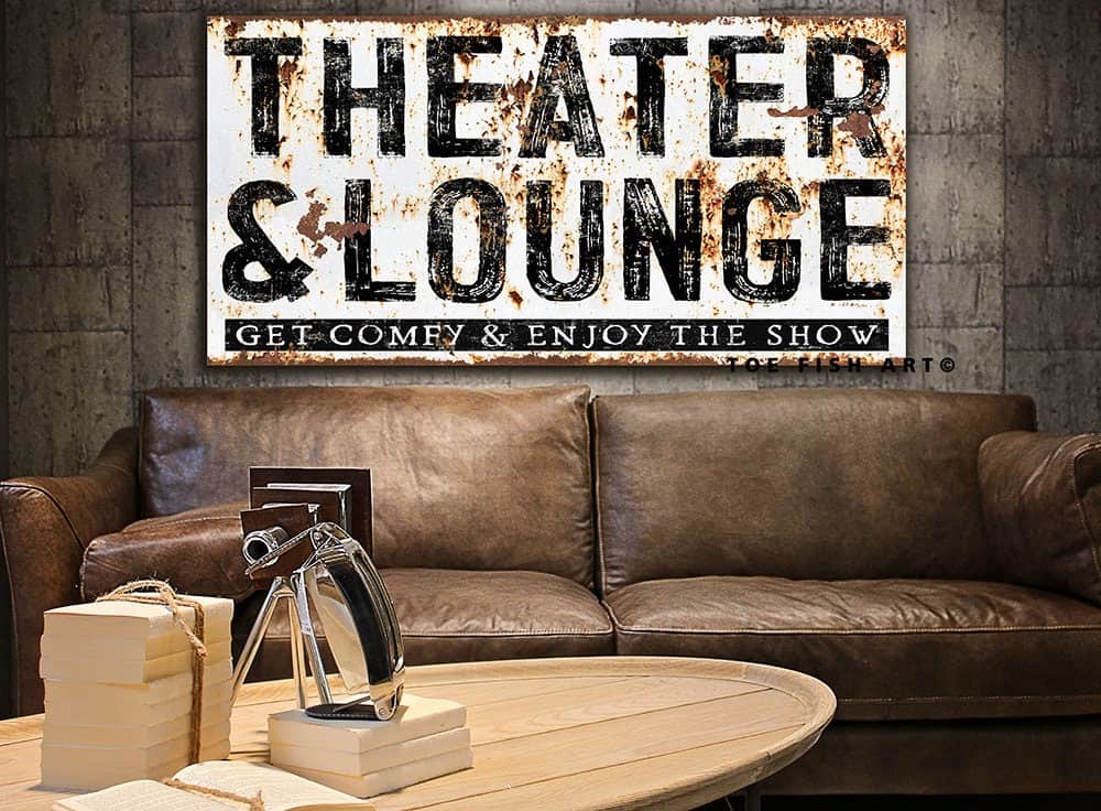 Theater & Lounge Sign handmade by ToeFishArt. Original, custom, personalized wall decor signs. Canvas, Wood or Metal. Rustic modern farmhouse, cottagecore, vintage, retro, industrial, Americana, primitive, country, coastal, minimalist.