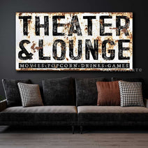 Theater & Lounge Sign handmade by ToeFishArt. Original, custom, personalized wall decor signs. Canvas, Wood or Metal. Rustic modern farmhouse, cottagecore, vintage, retro, industrial, Americana, primitive, country, coastal, minimalist.