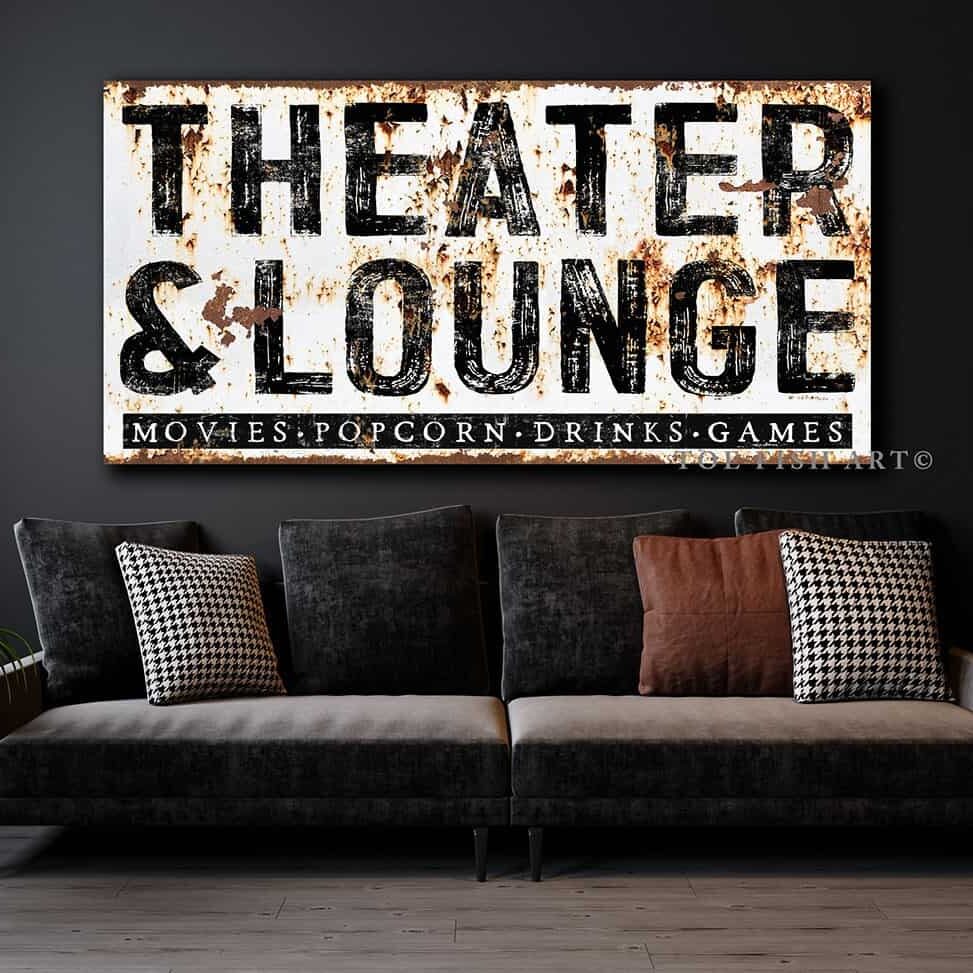 Theater & Lounge Sign handmade by ToeFishArt. Original, custom, personalized wall decor signs. Canvas, Wood or Metal. Rustic modern farmhouse, cottagecore, vintage, retro, industrial, Americana, primitive, country, coastal, minimalist.