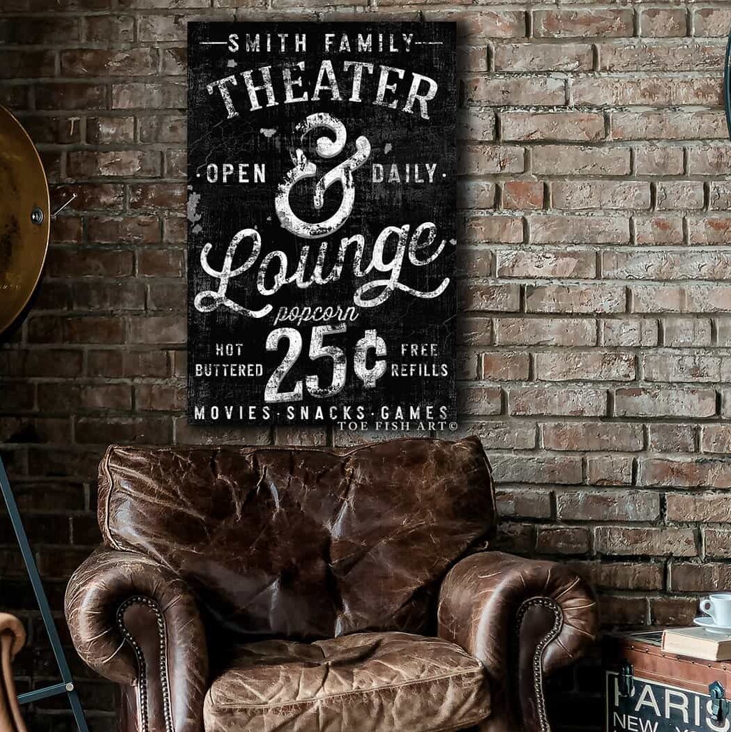 Theater & Lounge Sign handmade by ToeFishArt. Original, custom, personalized wall decor signs. Canvas, Wood or Metal. Rustic modern farmhouse, cottagecore, vintage, retro, industrial, Americana, primitive, country, coastal, minimalist.
