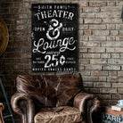 Theater & Lounge Sign handmade by ToeFishArt. Original, custom, personalized wall decor signs. Canvas, Wood or Metal. Rustic modern farmhouse, cottagecore, vintage, retro, industrial, Americana, primitive, country, coastal, minimalist.