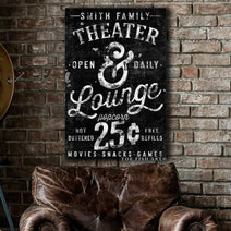 Theater & Lounge Sign handmade by ToeFishArt. Original, custom, personalized wall decor signs. Canvas, Wood or Metal. Rustic modern farmhouse, cottagecore, vintage, retro, industrial, Americana, primitive, country, coastal, minimalist.