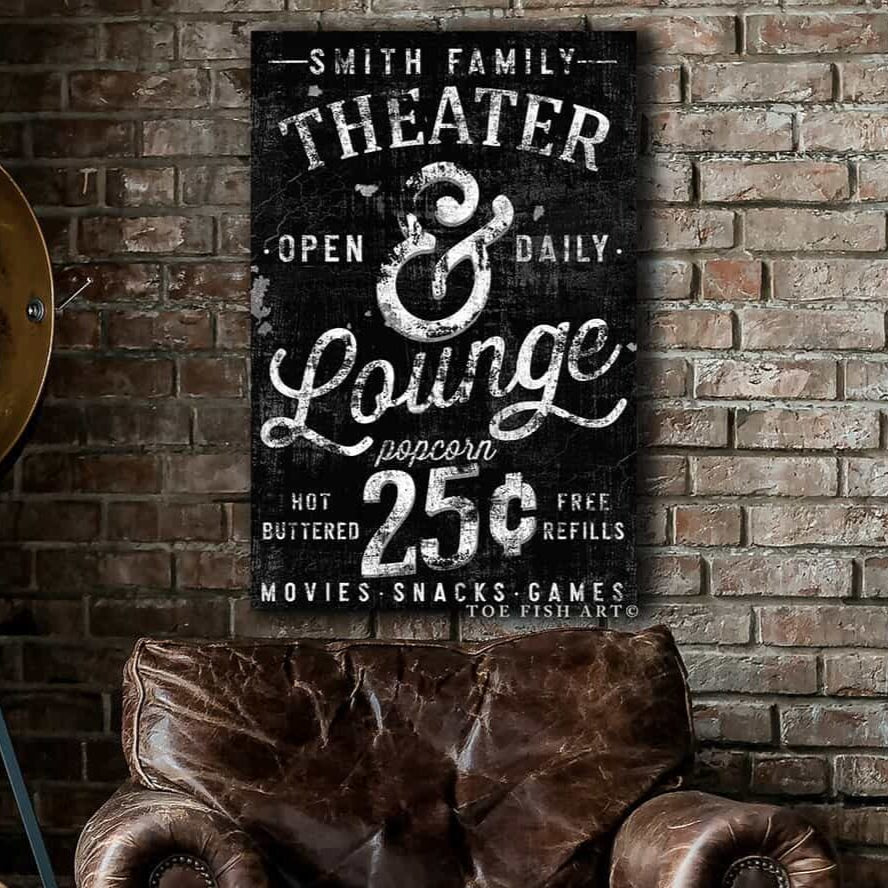 Theater & Lounge Sign handmade by ToeFishArt. Original, custom, personalized wall decor signs. Canvas, Wood or Metal. Rustic modern farmhouse, cottagecore, vintage, retro, industrial, Americana, primitive, country, coastal, minimalist.