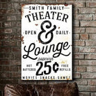 Theater & Lounge Sign handmade by ToeFishArt. Original, custom, personalized wall decor signs. Canvas, Wood or Metal. Rustic modern farmhouse, cottagecore, vintage, retro, industrial, Americana, primitive, country, coastal, minimalist.