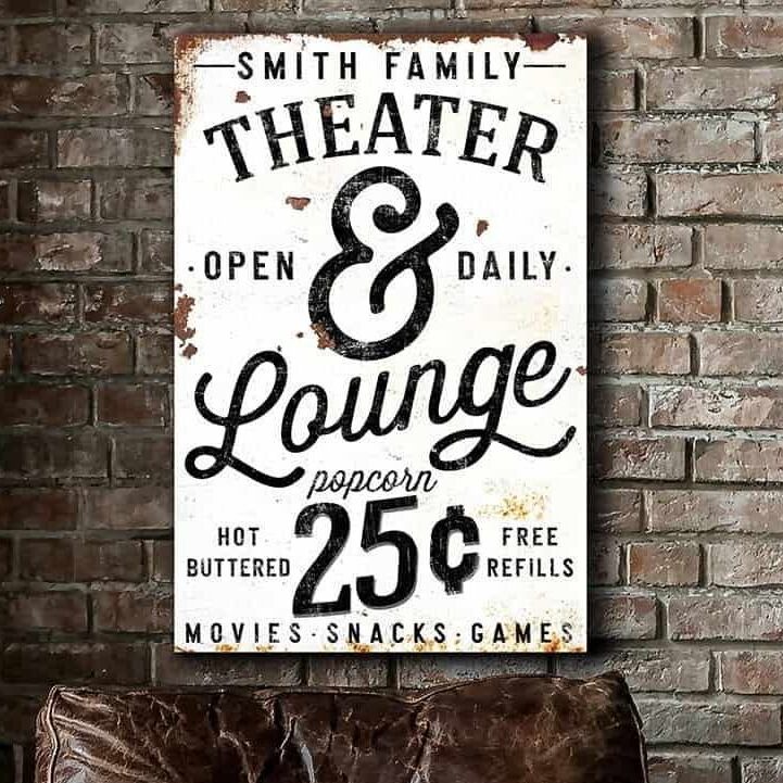 Theater & Lounge Sign handmade by ToeFishArt. Original, custom, personalized wall decor signs. Canvas, Wood or Metal. Rustic modern farmhouse, cottagecore, vintage, retro, industrial, Americana, primitive, country, coastal, minimalist.