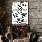 Theater & Lounge Sign handmade by ToeFishArt. Original, custom, personalized wall decor signs. Canvas, Wood or Metal. Rustic modern farmhouse, cottagecore, vintage, retro, industrial, Americana, primitive, country, coastal, minimalist.
