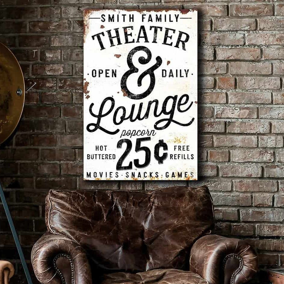 Theater & Lounge Sign handmade by ToeFishArt. Original, custom, personalized wall decor signs. Canvas, Wood or Metal. Rustic modern farmhouse, cottagecore, vintage, retro, industrial, Americana, primitive, country, coastal, minimalist.