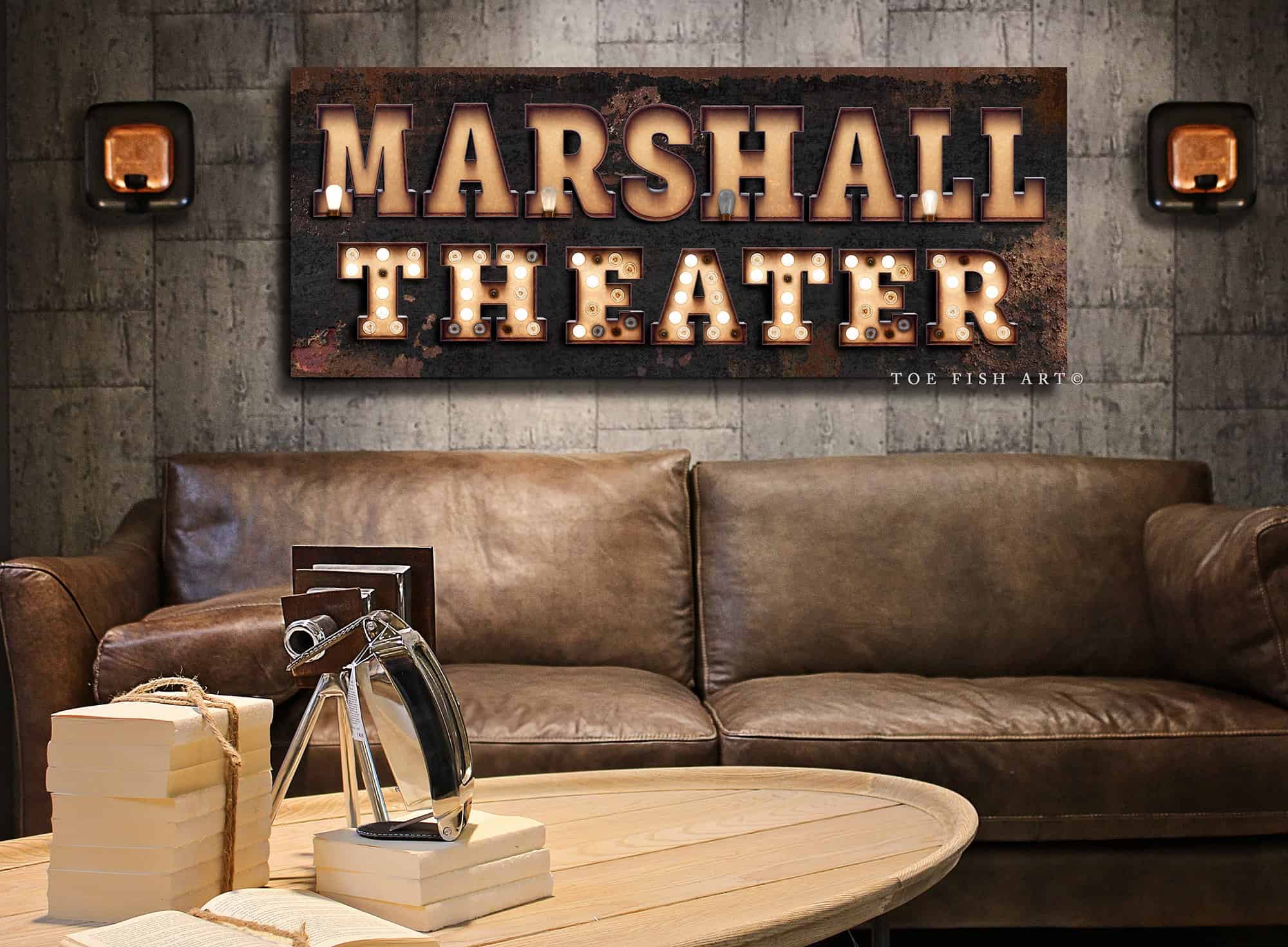 Theater "Marquee"-style Sign handmade by ToeFishArt. Original, custom, personalized wall decor signs. Canvas, Wood or Metal. Rustic modern farmhouse, cottagecore, vintage, retro, industrial, Americana, primitive, country, coastal, minimalist.