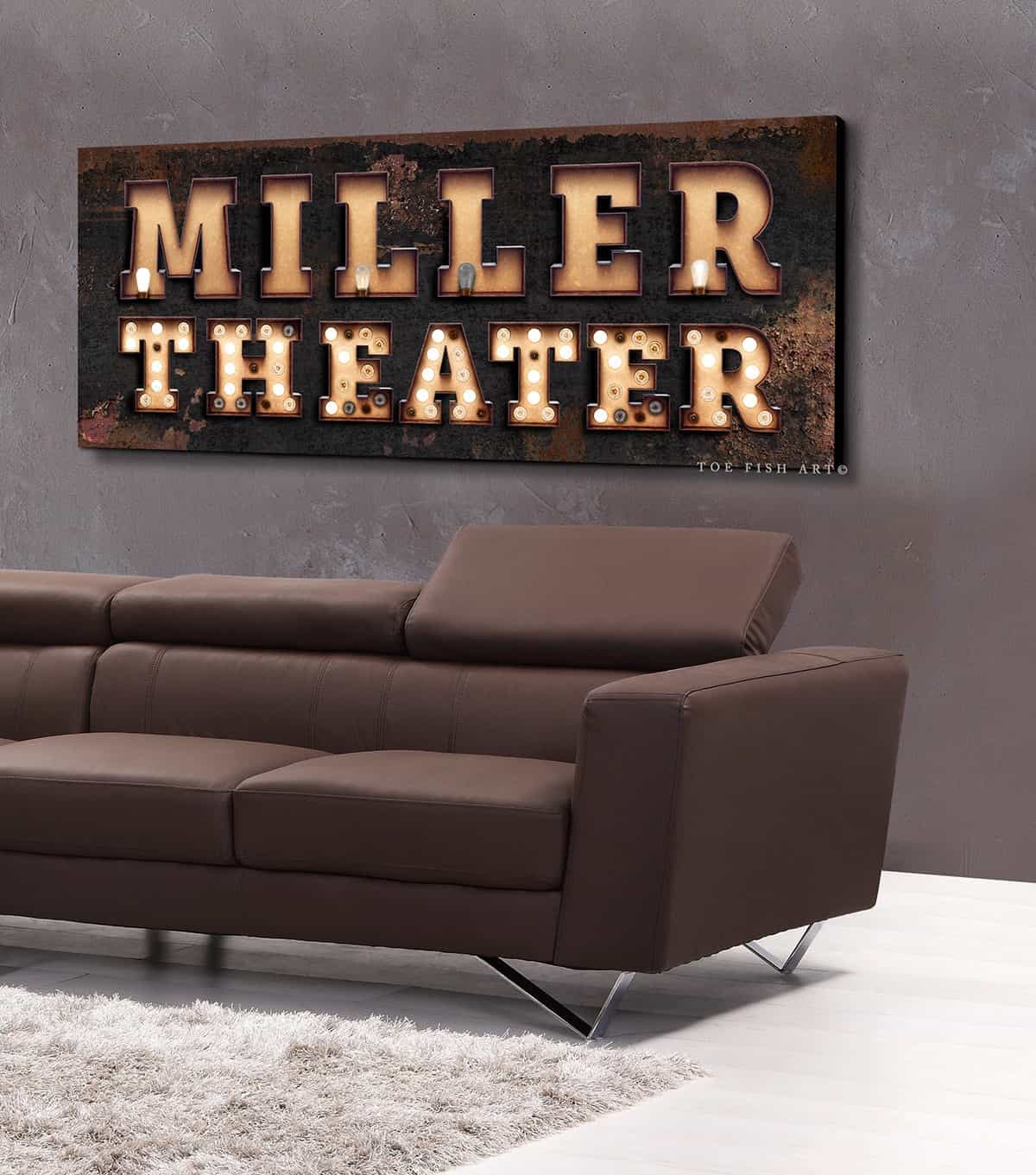 Theater "Marquee"-style Sign handmade by ToeFishArt. Original, custom, personalized wall decor signs. Canvas, Wood or Metal. Rustic modern farmhouse, cottagecore, vintage, retro, industrial, Americana, primitive, country, coastal, minimalist.