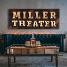 Theater "Marquee"-style Sign handmade by ToeFishArt. Original, custom, personalized wall decor signs. Canvas, Wood or Metal. Rustic modern farmhouse, cottagecore, vintage, retro, industrial, Americana, primitive, country, coastal, minimalist.