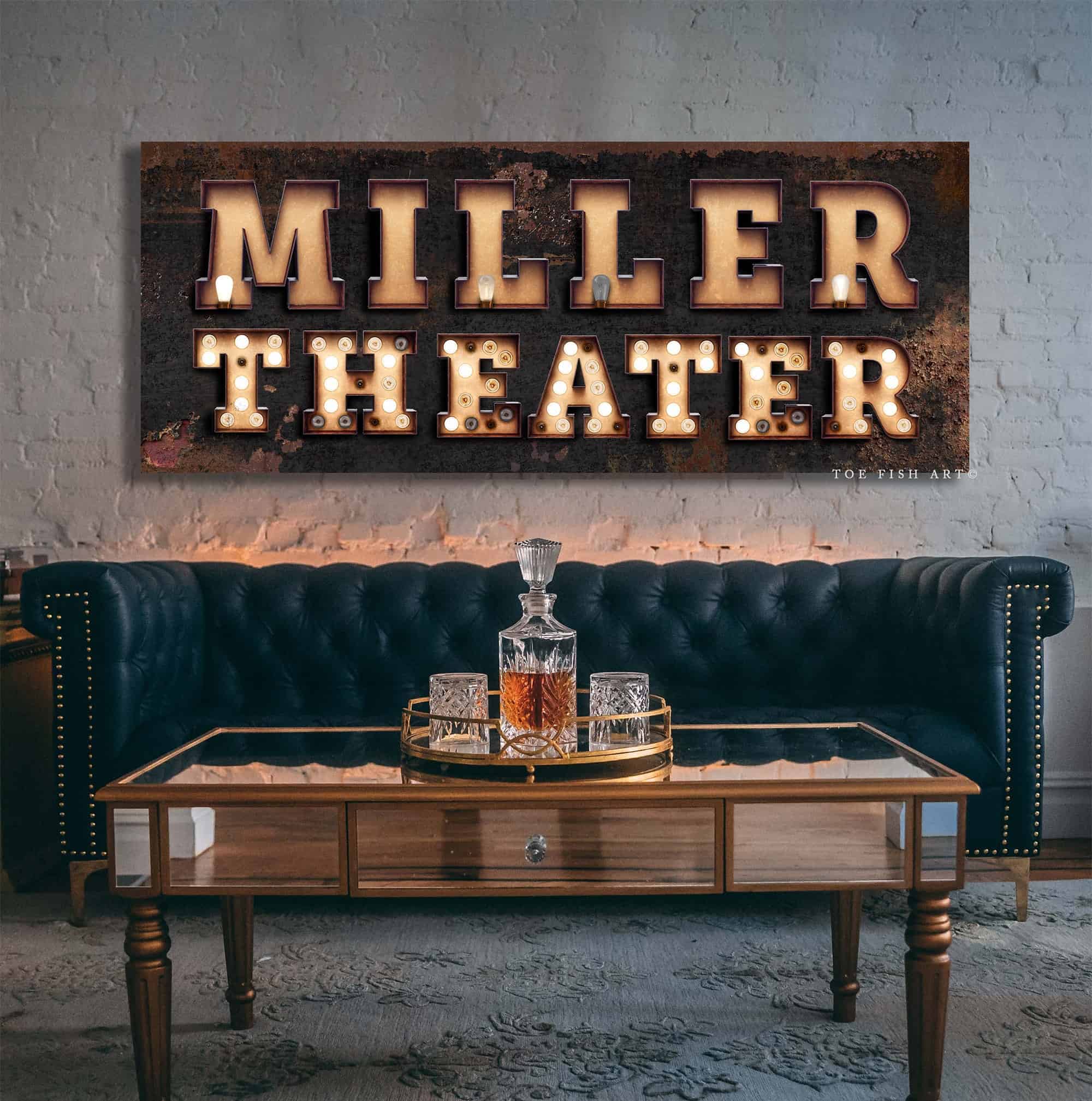 Theater "Marquee"-style Sign handmade by ToeFishArt. Original, custom, personalized wall decor signs. Canvas, Wood or Metal. Rustic modern farmhouse, cottagecore, vintage, retro, industrial, Americana, primitive, country, coastal, minimalist.