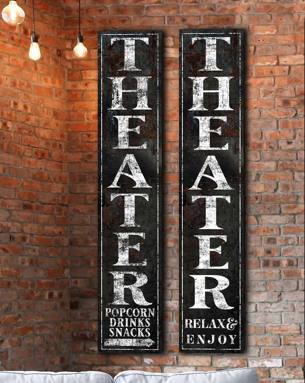 Theater Relax & Enjoy Rustic Sign handmade by ToeFishArt. Original, custom, personalized wall decor signs. Canvas, Wood or Metal. Rustic modern farmhouse, cottagecore, vintage, retro, industrial, Americana, primitive, country, coastal, minimalist.