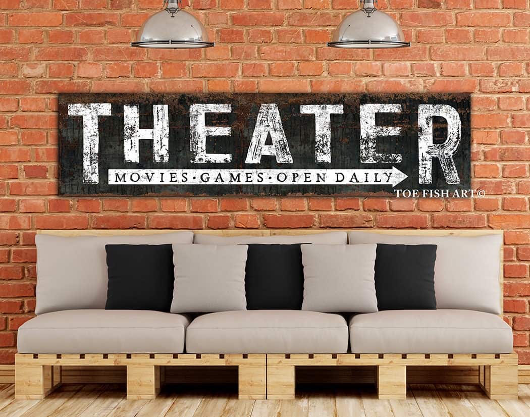 MOVIES GAMES OPEN DAILY Theater Sign Rustic Wall Art Industrial Vintage Home Movie Room Sign handmade by ToeFishArt. Original, custom, personalized wall decor signs. Canvas, Wood or Metal. Rustic modern farmhouse, cottagecore, vintage, retro, industrial, Americana, primitive, country, coastal, minimalist.
