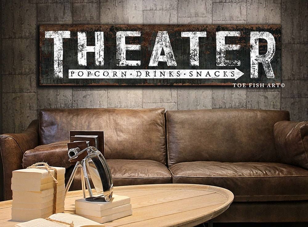 POPCORN DRINKS SNACKS Theater Sign Rustic Wall Art Industrial Vintage Home Movie Room Sign handmade by ToeFishArt. Original, custom, personalized wall decor signs. Canvas, Wood or Metal. Rustic modern farmhouse, cottagecore, vintage, retro, industrial, Americana, primitive, country, coastal, minimalist.
