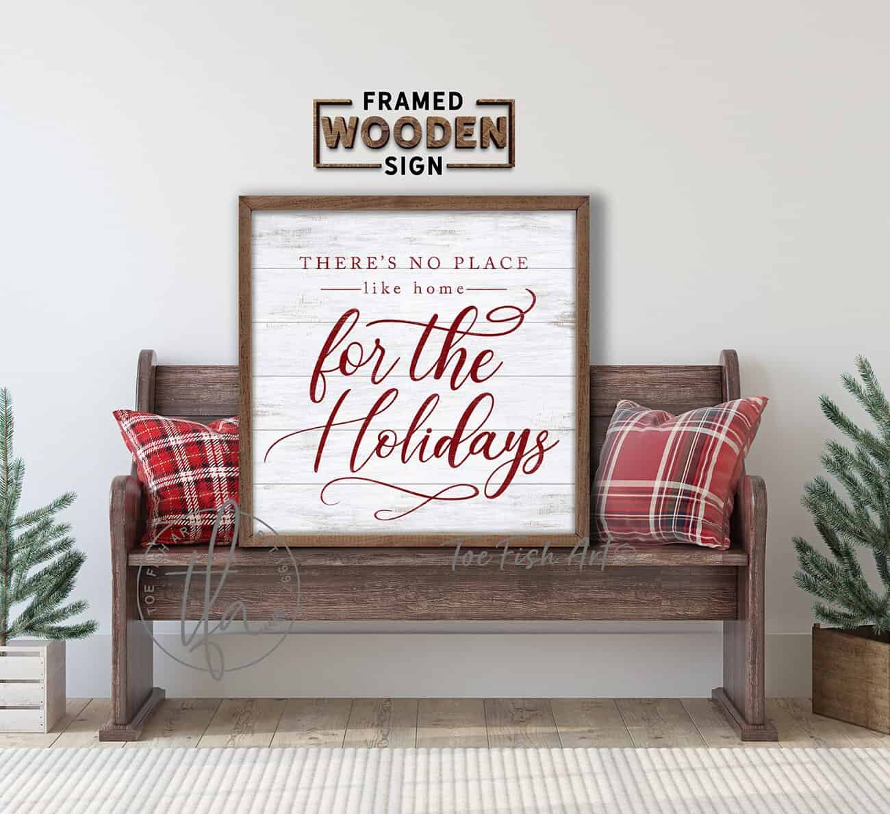 There's No Place Like Home for The Holidays Decoration in Vibrant Holiday Red and White, Vintage Christmas Wall Art, Framed Hardwood Shiplap Sign handmade by ToeFishArt. Original, custom, personalized wall decor signs. Canvas, Wood or Metal. Rustic modern farmhouse, cottagecore, vintage, retro, industrial, Americana, primitive, country, coastal, minimalist.