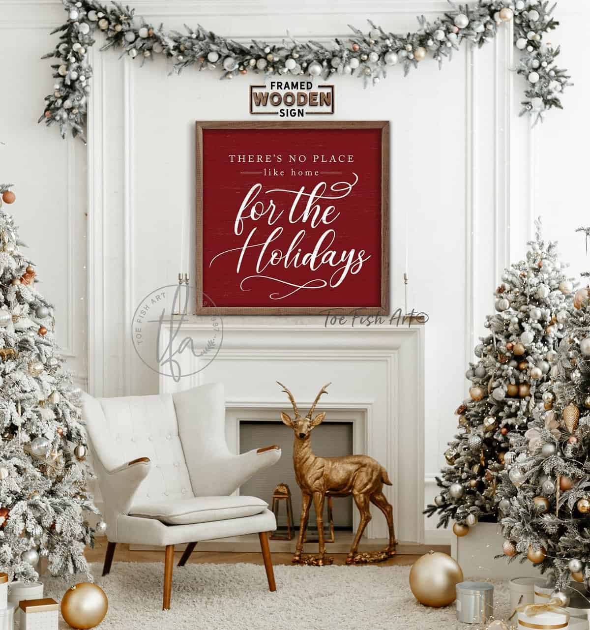 There's No Place Like Home for The Holidays Decoration in Vibrant Holiday Red and White, Vintage Christmas Wall Art, Framed Hardwood Shiplap Sign handmade by ToeFishArt. Original, custom, personalized wall decor signs. Canvas, Wood or Metal. Rustic modern farmhouse, cottagecore, vintage, retro, industrial, Americana, primitive, country, coastal, minimalist.