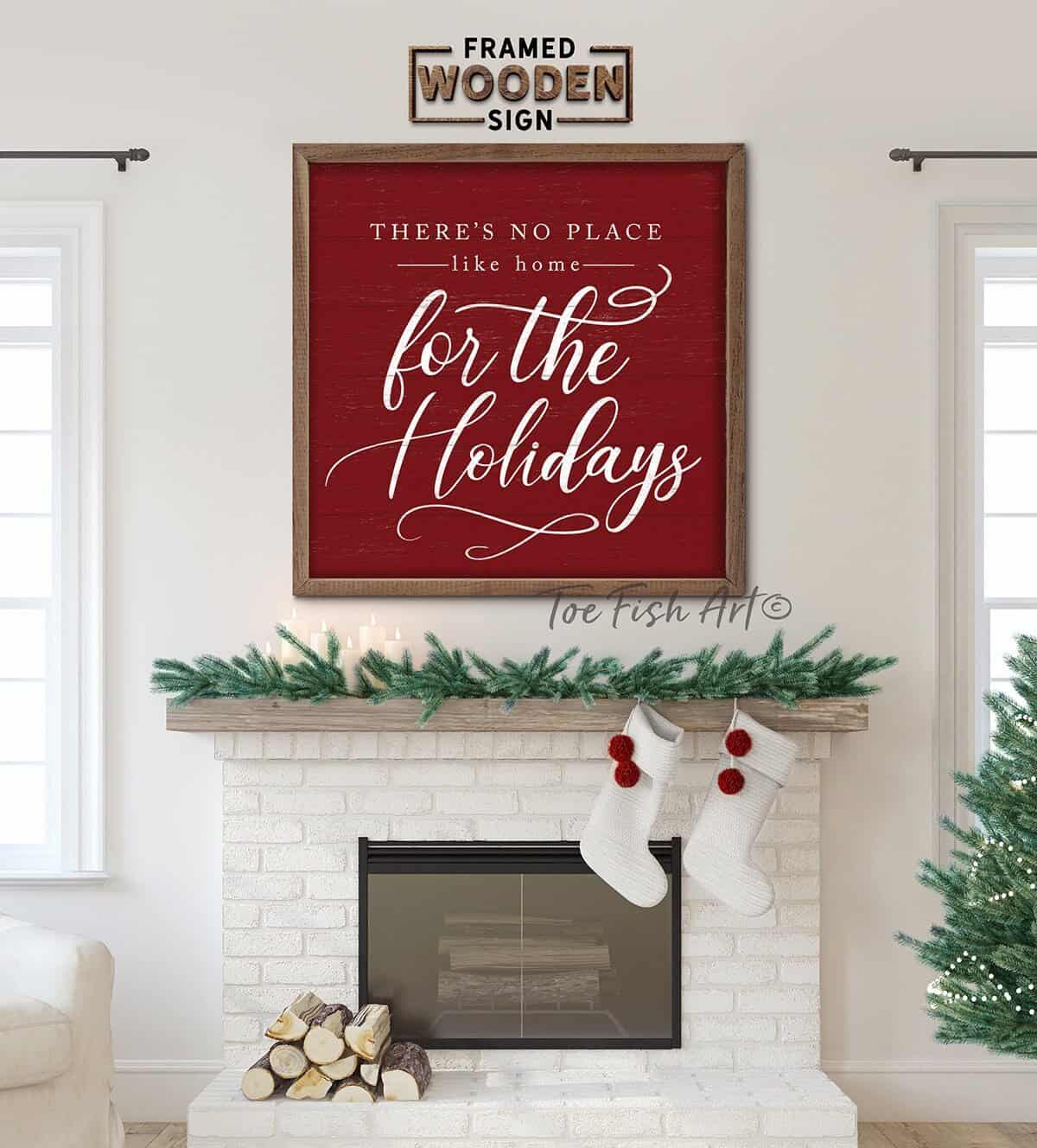 There's No Place Like Home for The Holidays Decoration in Vibrant Holiday Red and White, Vintage Christmas Wall Art, Framed Hardwood Shiplap Sign handmade by ToeFishArt. Original, custom, personalized wall decor signs. Canvas, Wood or Metal. Rustic modern farmhouse, cottagecore, vintage, retro, industrial, Americana, primitive, country, coastal, minimalist.