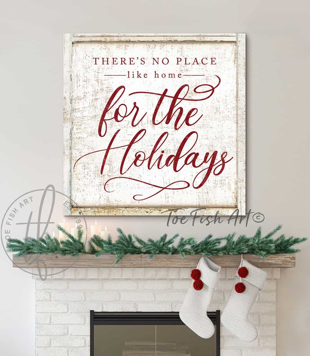 There's No Place Like Home for The Holidays Sign in Vintage Holiday Red and Timeworn White, Rustic Christmas Decor Wall Art handmade by ToeFishArt. Original, custom, personalized wall decor signs. Canvas, Wood or Metal. Rustic modern farmhouse, cottagecore, vintage, retro, industrial, Americana, primitive, country, coastal, minimalist.
