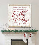 There's No Place Like Home for The Holidays Sign in Vintage Holiday Red and Timeworn White, Rustic Christmas Decor Wall Art handmade by ToeFishArt. Original, custom, personalized wall decor signs. Canvas, Wood or Metal. Rustic modern farmhouse, cottagecore, vintage, retro, industrial, Americana, primitive, country, coastal, minimalist.