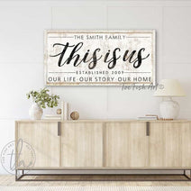 This Is Us Family Sign handmade by ToeFishArt. Original, custom, personalized wall decor signs. Canvas, Wood or Metal. Rustic modern farmhouse, cottagecore, vintage, retro, industrial, Americana, primitive, country, coastal, minimalist.