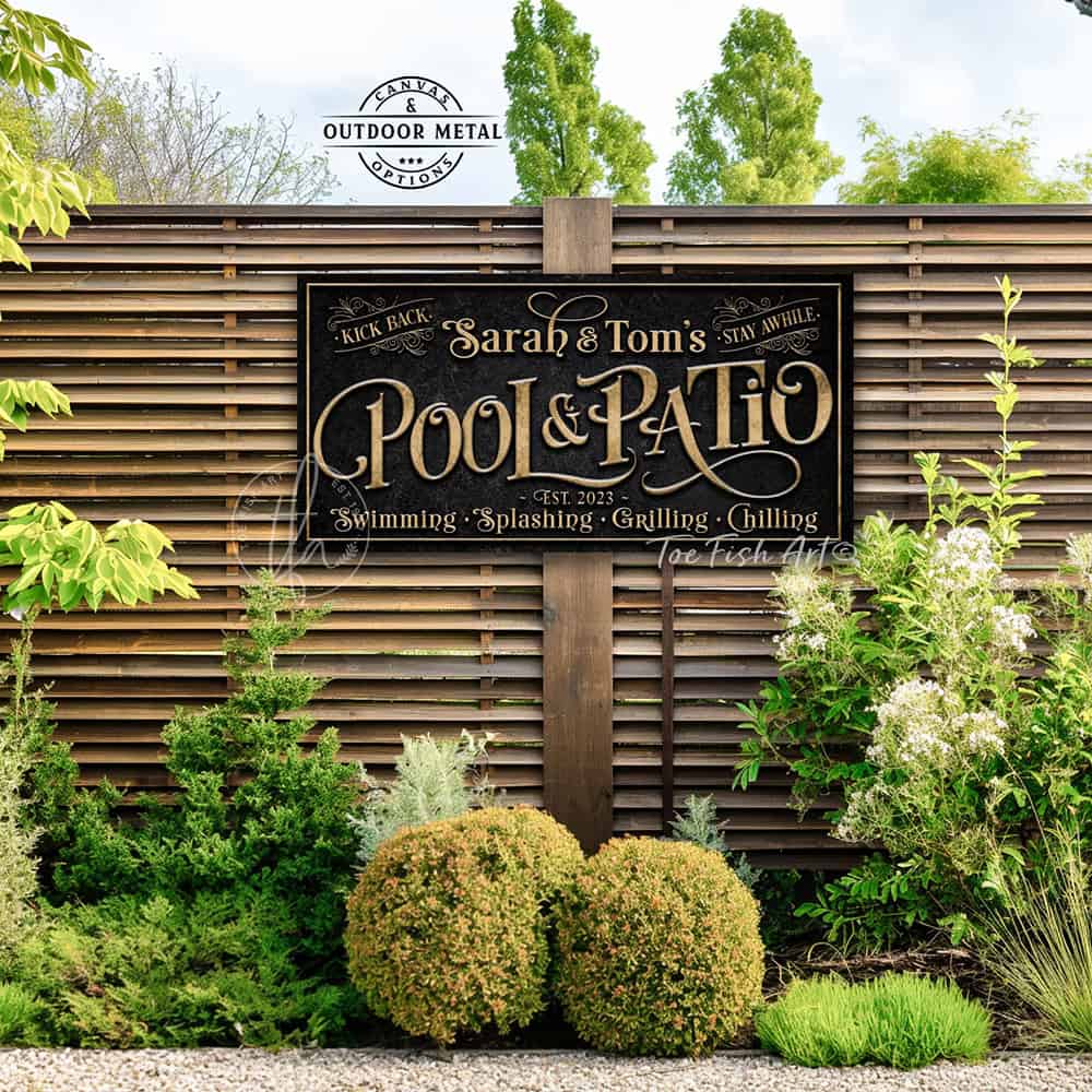 Create an outdoor retreat or entertaining space with a perfect message and personalized family name on this custom Pool & Patio sign. Ideal for poolside, patios, decks, spas, and bar-grill areas, this durable sign adds character. Be surrounded by decor you LOVE! Choose between premium framed canvas or durable outdoor metal. Toe Fish Art makes artisan wall art with American materials. Proudly Made in the USA, each piece is expertly constructed with genuine craftsmanship, heritage quality, and rustic charm.