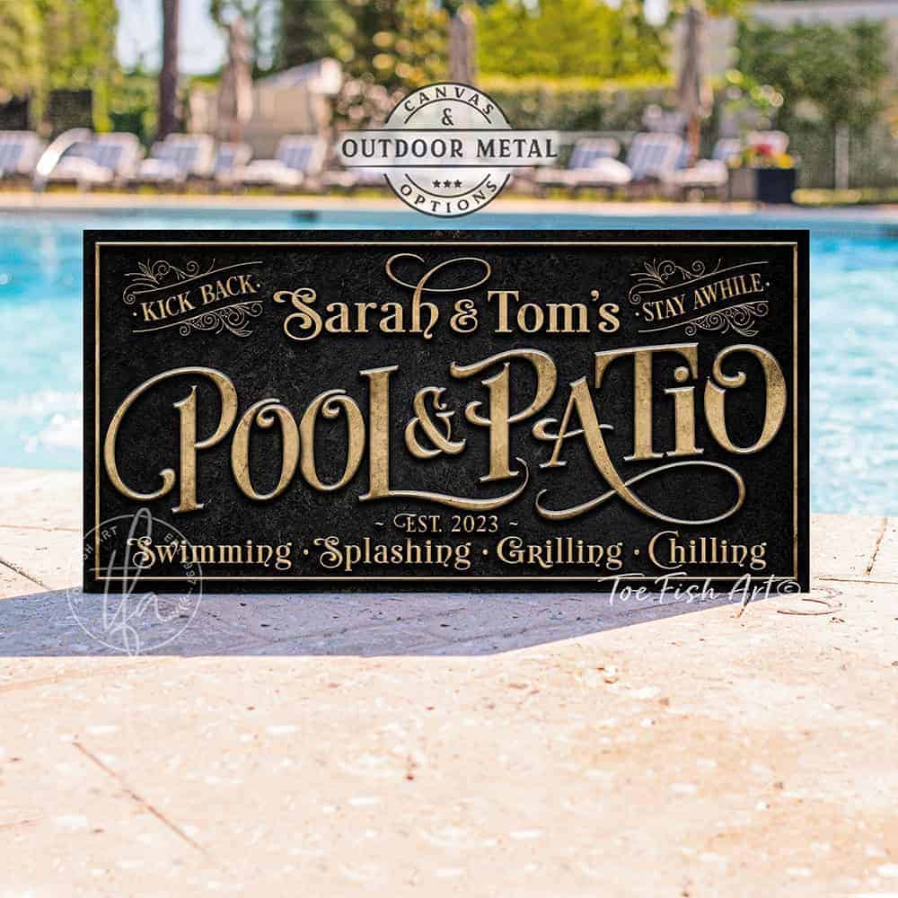 Create an outdoor retreat or entertaining space with a perfect message and personalized family name on this custom Pool & Patio sign. Ideal for poolside, patios, decks, spas, and bar-grill areas, this durable sign adds character. Be surrounded by decor you LOVE! Choose between premium framed canvas or durable outdoor metal. Toe Fish Art makes artisan wall art with American materials. Proudly Made in the USA, each piece is expertly constructed with genuine craftsmanship, heritage quality, and rustic charm.