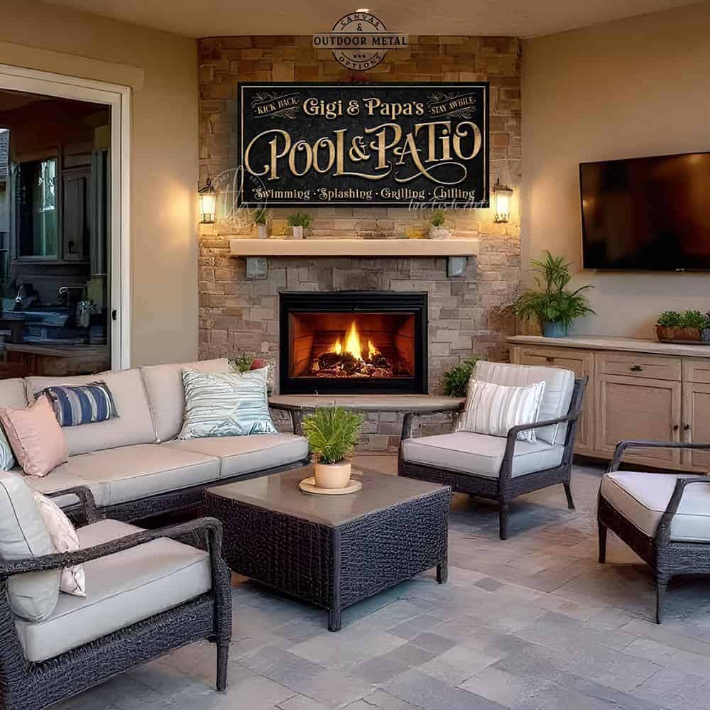 Create an outdoor retreat or entertaining space with a perfect message and personalized family name on this custom Pool & Patio sign. Ideal for poolside, patios, decks, spas, and bar-grill areas, this durable sign adds character. Be surrounded by decor you LOVE! Choose between premium framed canvas or durable outdoor metal. Toe Fish Art makes artisan wall art with American materials. Proudly Made in the USA, each piece is expertly constructed with genuine craftsmanship, heritage quality, and rustic charm.